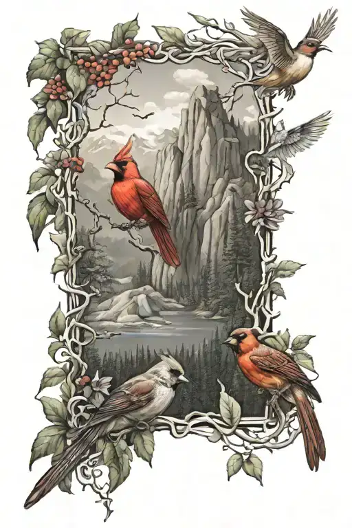 Wooded Scene With Cardinals Hummingbirds Hawk And Mountains
