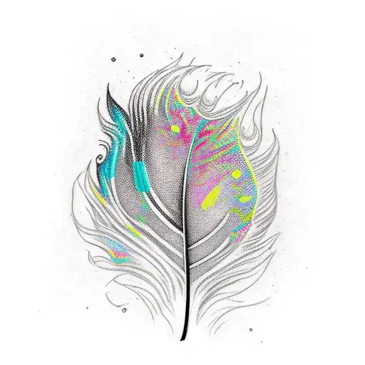 Colourful Feather With Dew Drop And Written Never Give Up In Black Colour