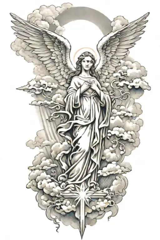 Angels And Saint Mary With Rays And Clouds