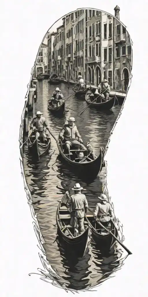 A Family Of Gondoliers Gracefully Navigating The Canals Of Venice In Dotwork Style