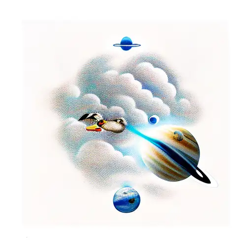 Duck Taking Flight And Open Mouth With Space Amd Solar System Coming Out Like A Cloud