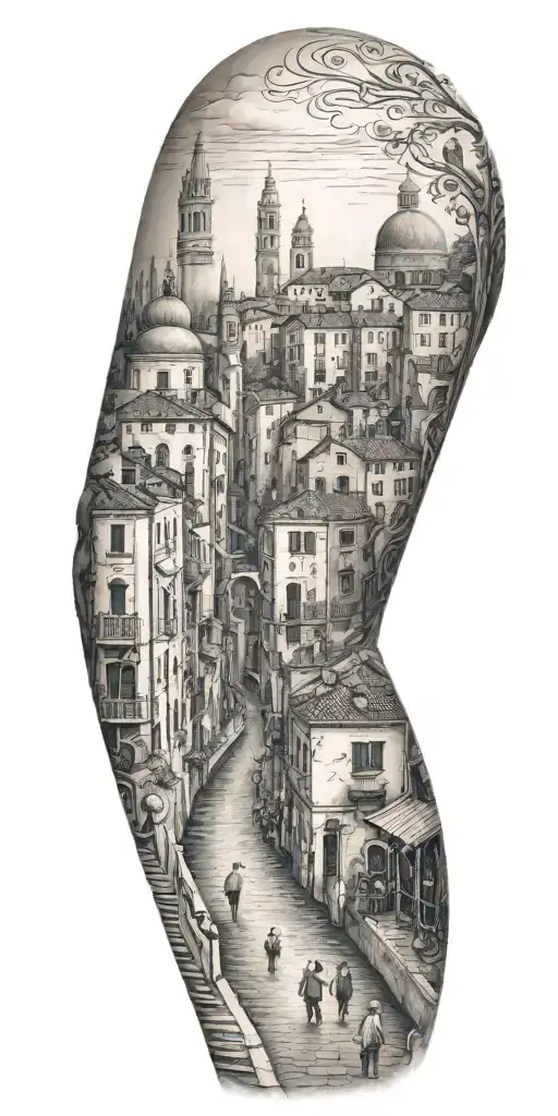 A Tattoo Representing The History Of Your Family Walking Through A City Similar To Venice