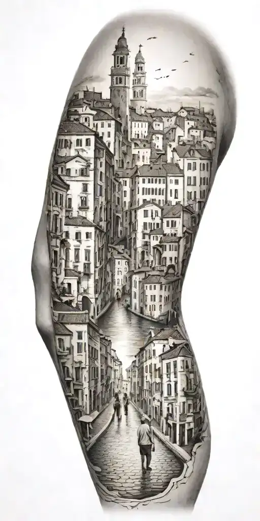 A Tattoo Representing The History Of Your Family Walking Through A City Similar To Venice