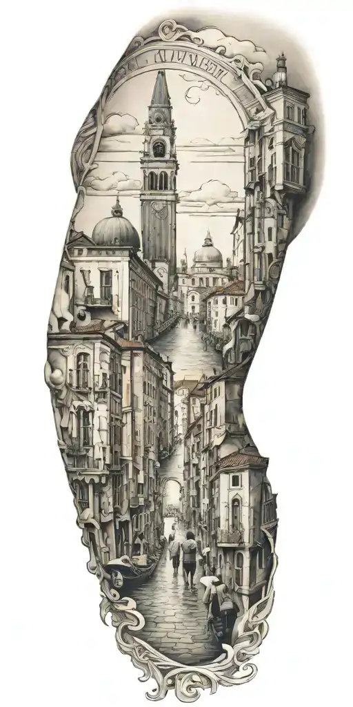 A Tattoo Representing The History Of Your Family Walking Through A City Similar To Venice