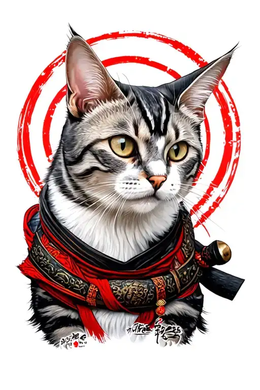 Cat Samurai Against The Backdrop Of A Red Circle