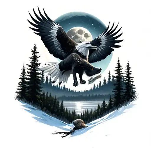 Landscape Moon Forest Eagle Wolf Howling At The Moon