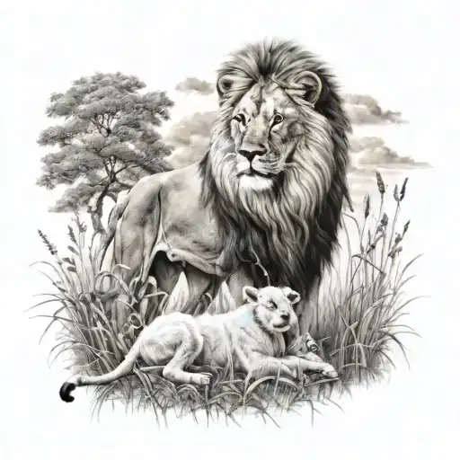 A Lion And Lamb Peacefully Coexisting In A Serene Meadow