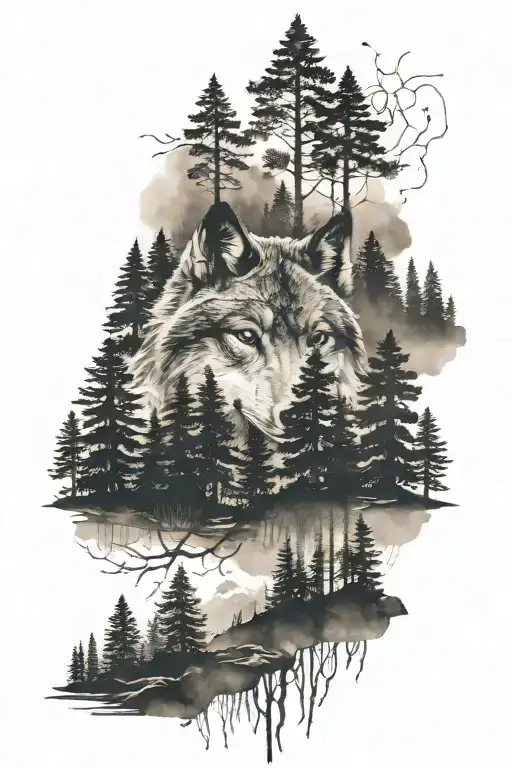 Double Exposure Wolf And Black Forest Filled