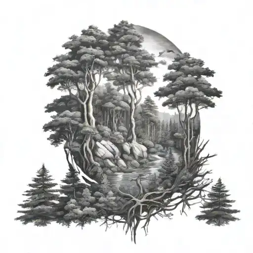 Dense Wooded Forest Landscape Filled Black And White