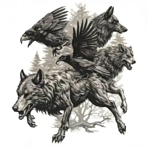Women Blacksheep Odins Ravens And Wolfs Running In Forest