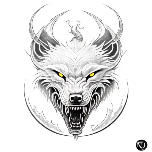 Fenrir Norse Mythology Black And White With Orange Coloring Facing Up