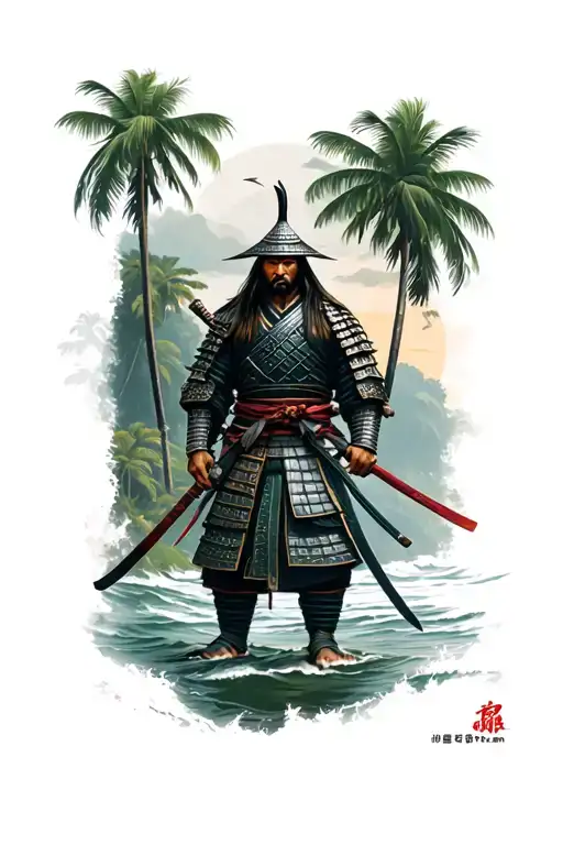 Samurai In Full On The Coast In Front Of A Jungle Background