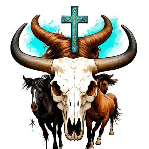 Bull Skull With Horses And A Cross With Turquoise