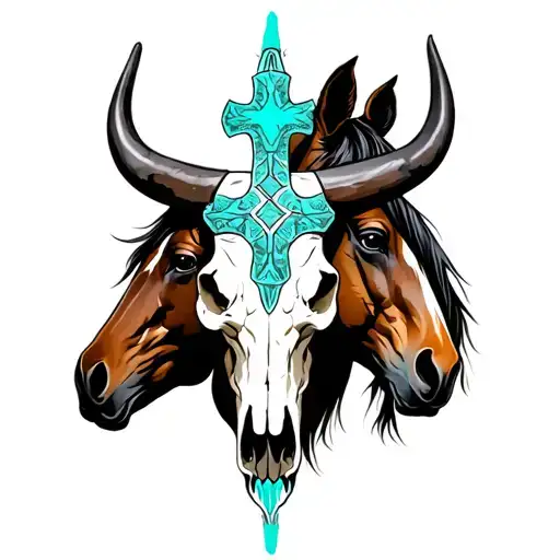 Bull Skull With 2 Horses And A Cross With Turquoise
