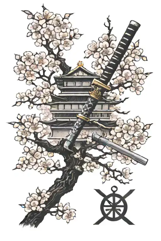 Cherry Blossom Tree And Pedals With A Katana