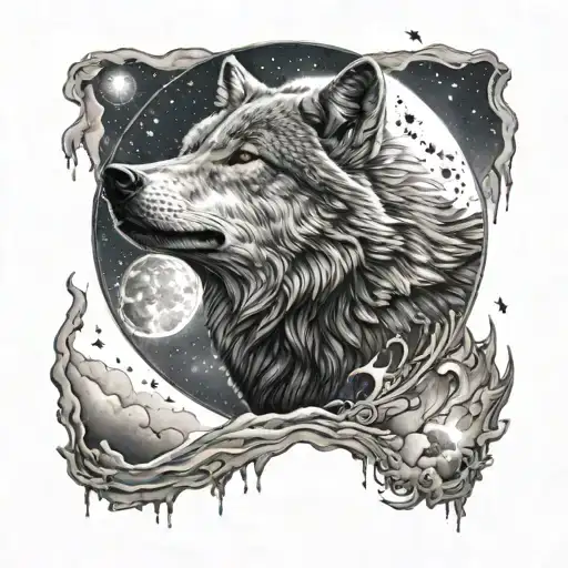 A Black-grey Tattoo Of A Wolf Howling At The Moon With The Universe Reflected In Its Eyes