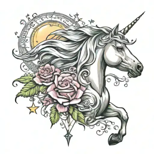 Unicorn And Stars And Moon And Compas Rose With Colors