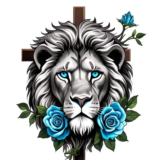 Lion With Blue Eyes And Roses With Holy Cross