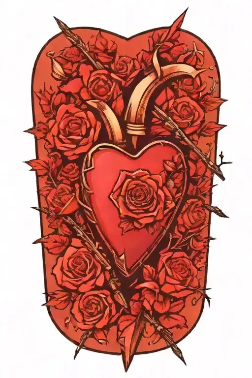 An Arrow Passing Through A Heart Surrounded By Roses And Thorns