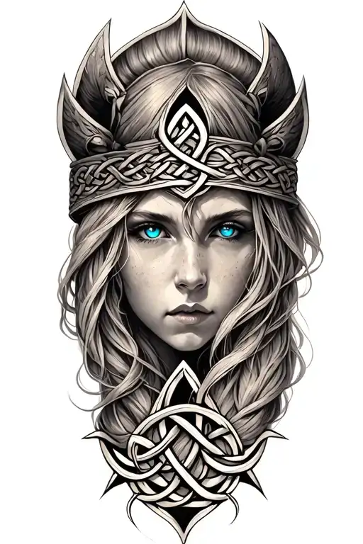 Valkyrie With Blue Eyes With Long Hair On Tattoo Design Featuring Celtic Trinity Knot