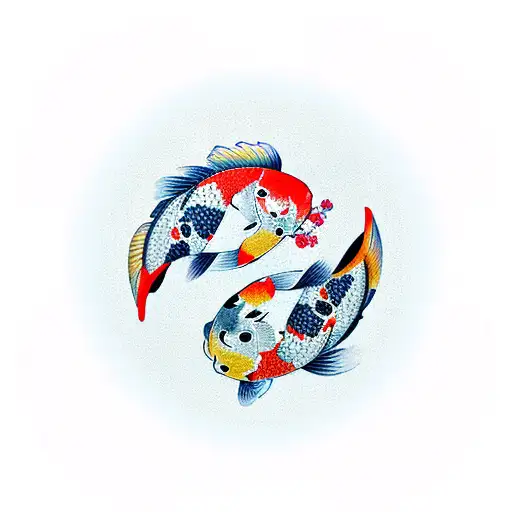 Koi Fish Yin Yang With Cherry Blossoms Around