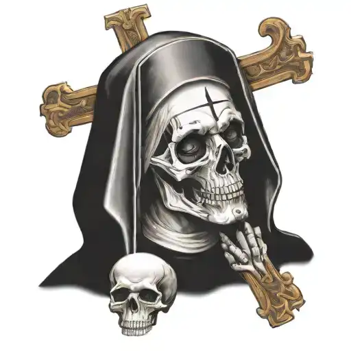Nun Praying With Upside Down Cross With Half Skull Face Realistic