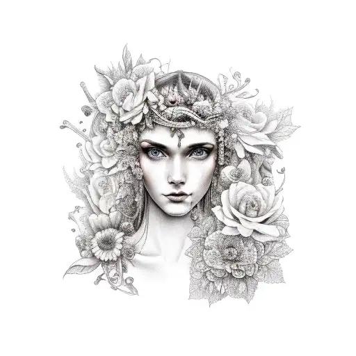 Nature Goddess With Flowers And Mushrooms