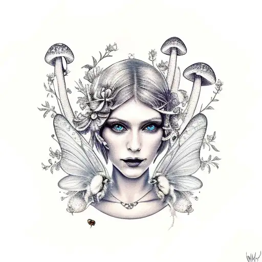 Witchy Fairy With Flowers And Mushrooms And Bees