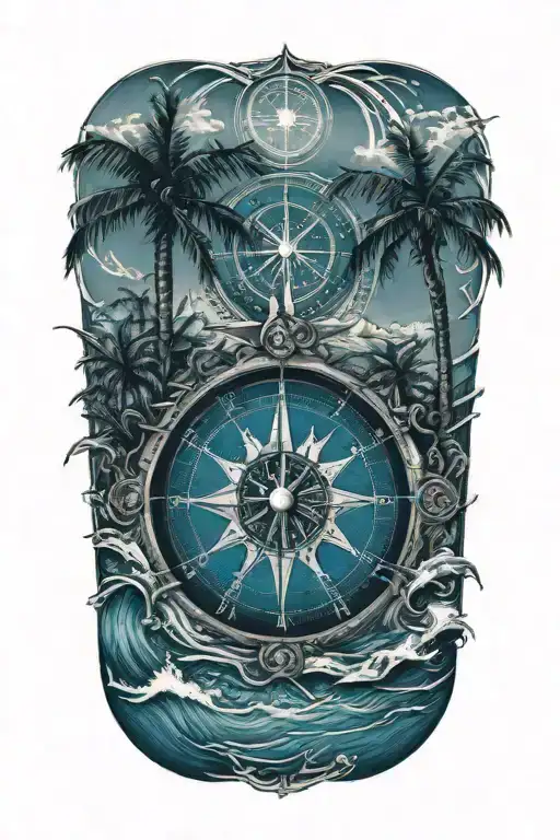 Compass And Palm Trees And Waves