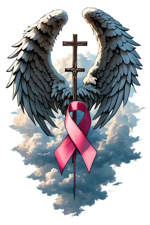 Angel Wings And A Cross A Cancer Ribbon With Clouds In The Background