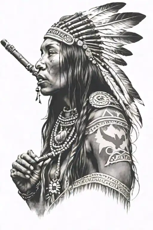 Native American Girl Holding A Pipe With Smoke