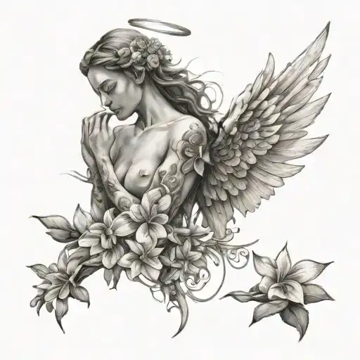 Full Body Angel Combined With Adenium Obesum Flowers