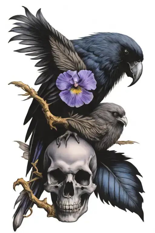 A Purple And Blue Iris With A Phoenix Feather And Raven Skull