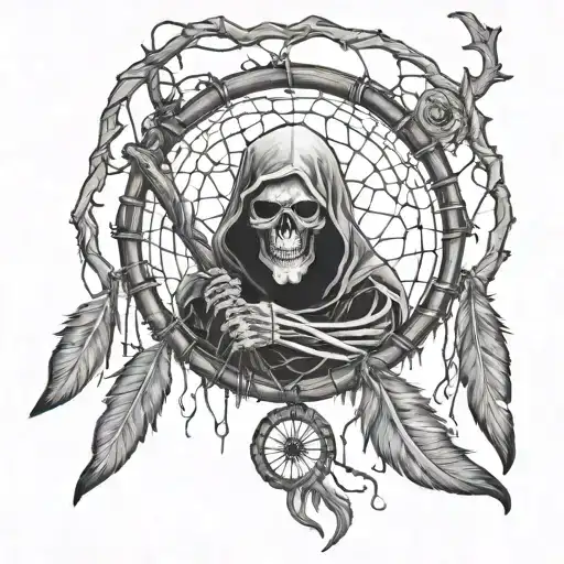 Grim Reaper In A Dream Catcher Entangled In A Beautiful