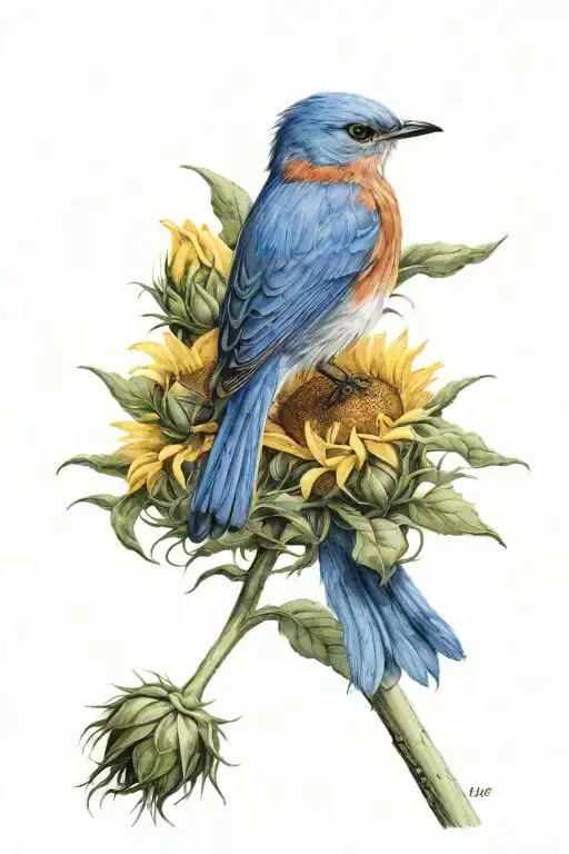 Northeastern Bluebird Sitting On A Sunflower