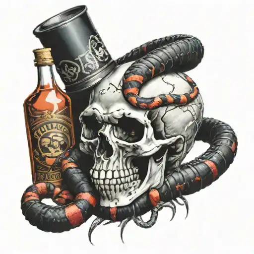 Creepy Realistic Skull With A Coral Snake Coiled Throughout Its Eyelids With Venom Bottles Around
