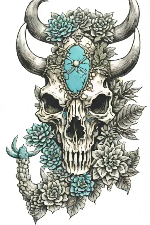 Western Bull Skull With Native Turquoise Jewelry And Cactus And Western Floral Designs