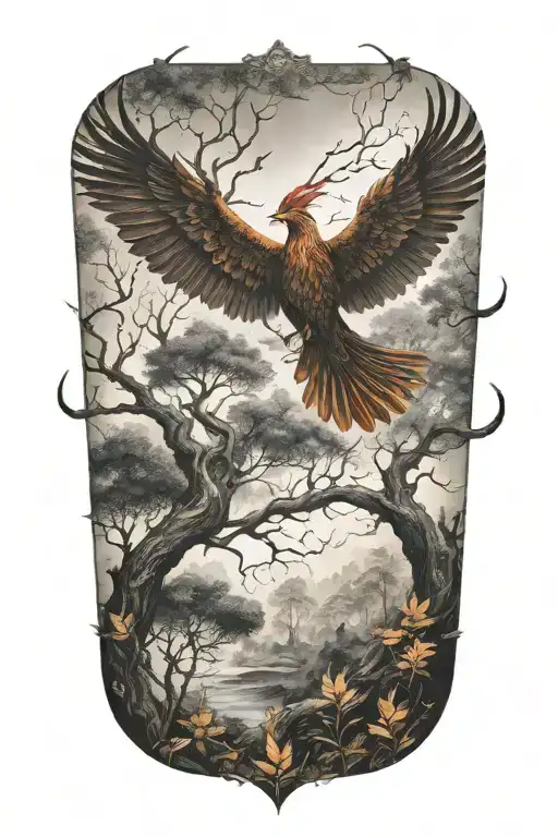 A Mystical Forest With A Phoenix Flying Overhead