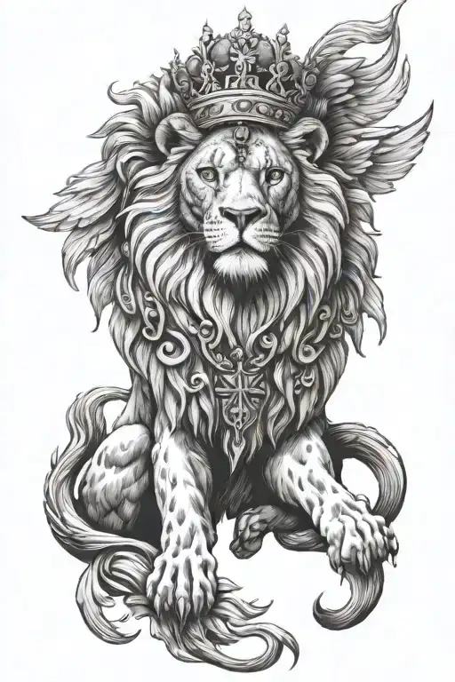 A Lion Wearing A Crown A Cross Surrounded Wings On The Cross And Shading