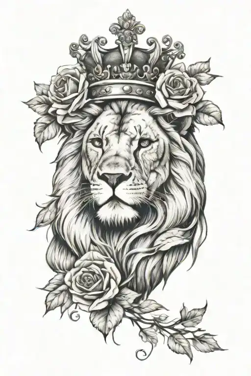 Lion Headed Wearing A Crown Looking With Roses Intertwined And Shading
