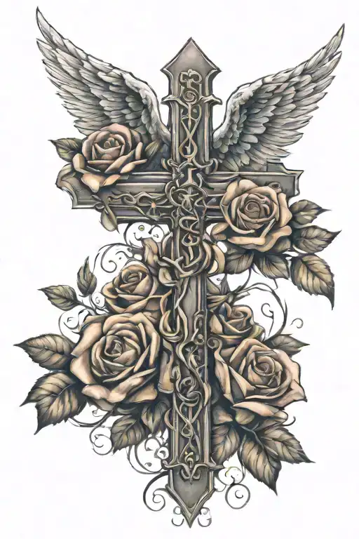 A Cross With Roses And Angel Wings