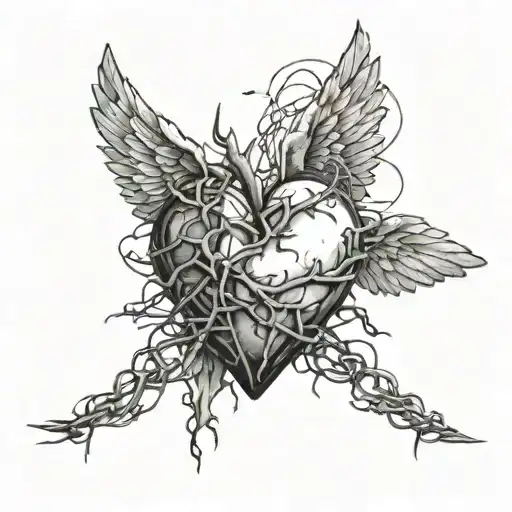 Broken Heart With Wings Stabbed And Covered In Barbed Wire