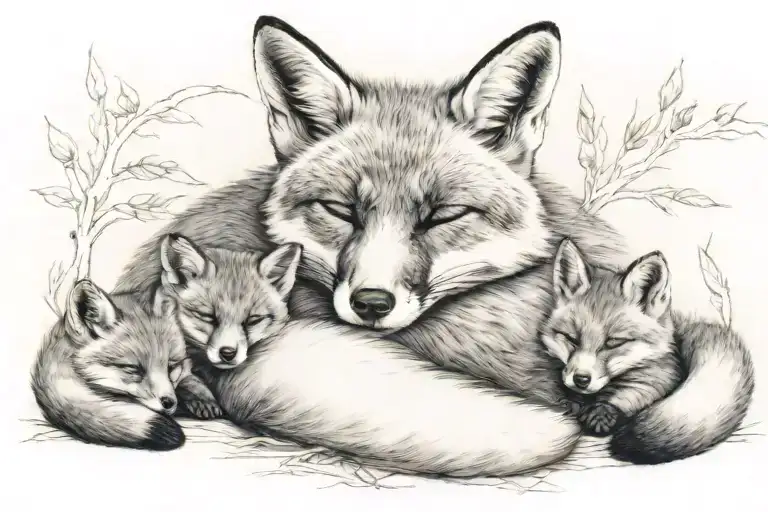 Momma Fox Sleeping With Her Babies Playing