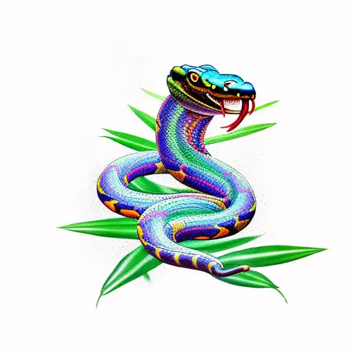 Angry Colorful King Cobra Snake With Some Bamboo Leaves Around Him