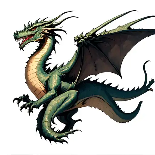 A Tattoo For A Woman's Thigh Of A Battle Dragon Similar To That Of Smaug From The Hobbit In Flight