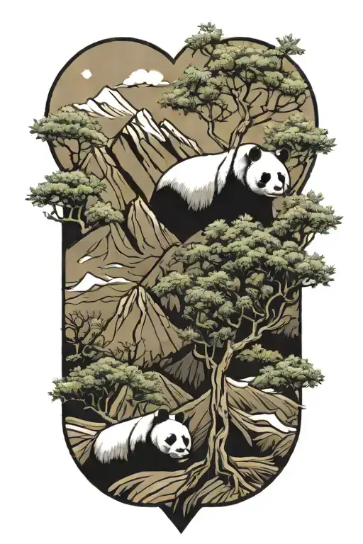 Minamilist Geometric Mountains With Panda And Olive Tree