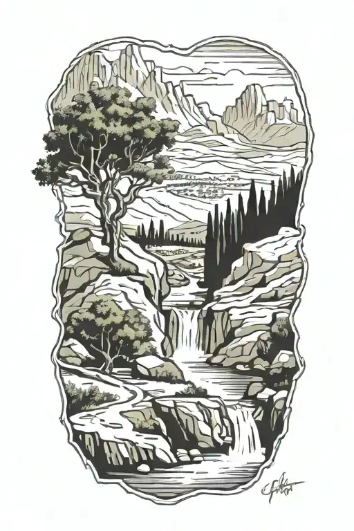 Mountain And River With And Olive Tree Branchand A Water Well