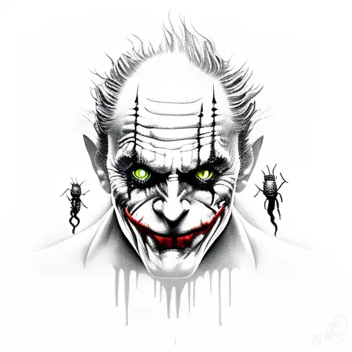 A Black And Grey Portrait Of The Joker With Spider Legs Emerging From His Head