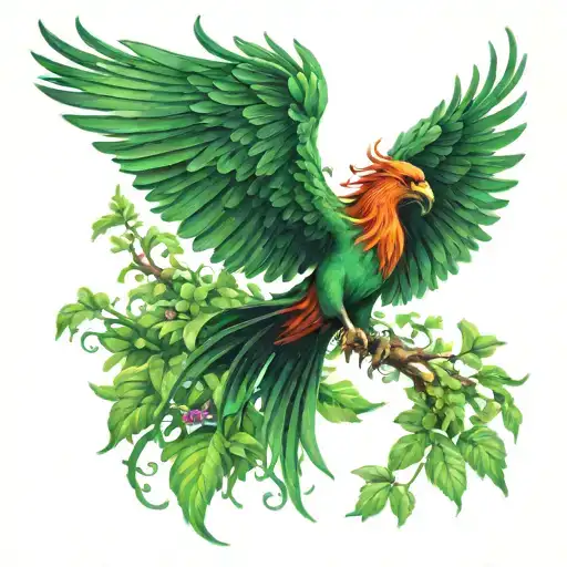 A Phoenix Rising From A Lush Green Forest