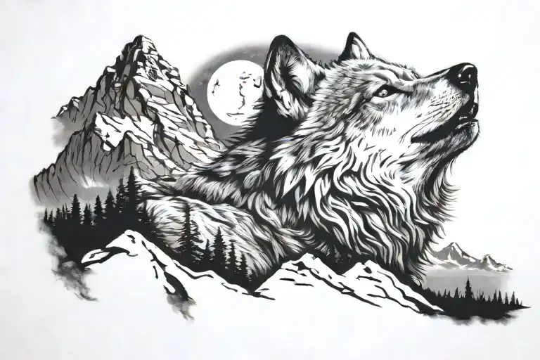 Wolf Howling At The Moon On The Edge Of A Mountain